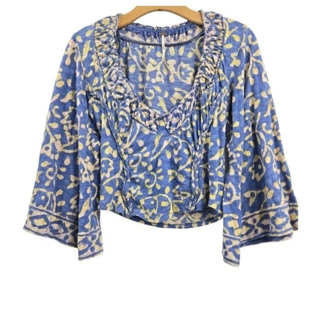 Free People Top On The Block Small Blue Cotton Batik Print Smocked Wide‎ Sleeve